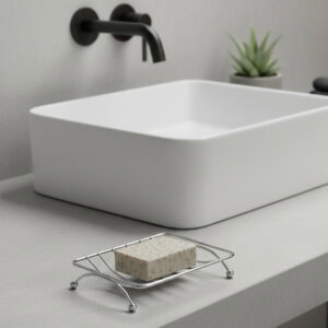Chrome soap dish with exfoliating bar on modern bathroom counter by white vessel sink