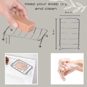 Product dimensions diagram showing 5 inch by 3.4 inch chrome soap dish with drainage features