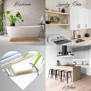 Collage showing chrome soap dish uses in bathroom, laundry room, and kitchen settings