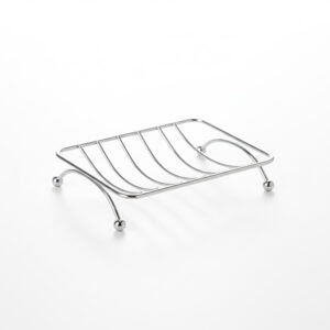 Empty chrome metal soap dish with curved drainage design on white background