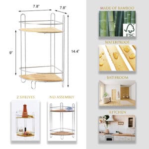 Image 5: Feature infographic showing the tower's dimensions (7.8" x 7.8" x 14.4"), FSC-certified bamboo material, waterproof construction, and bathroom and kitchen applications.