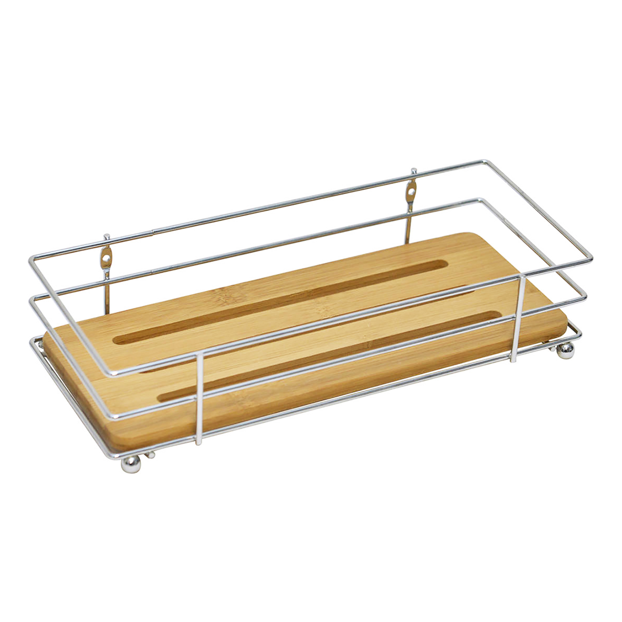 Bathroom Organizer Bamboo Tray Chrome Metal Wire