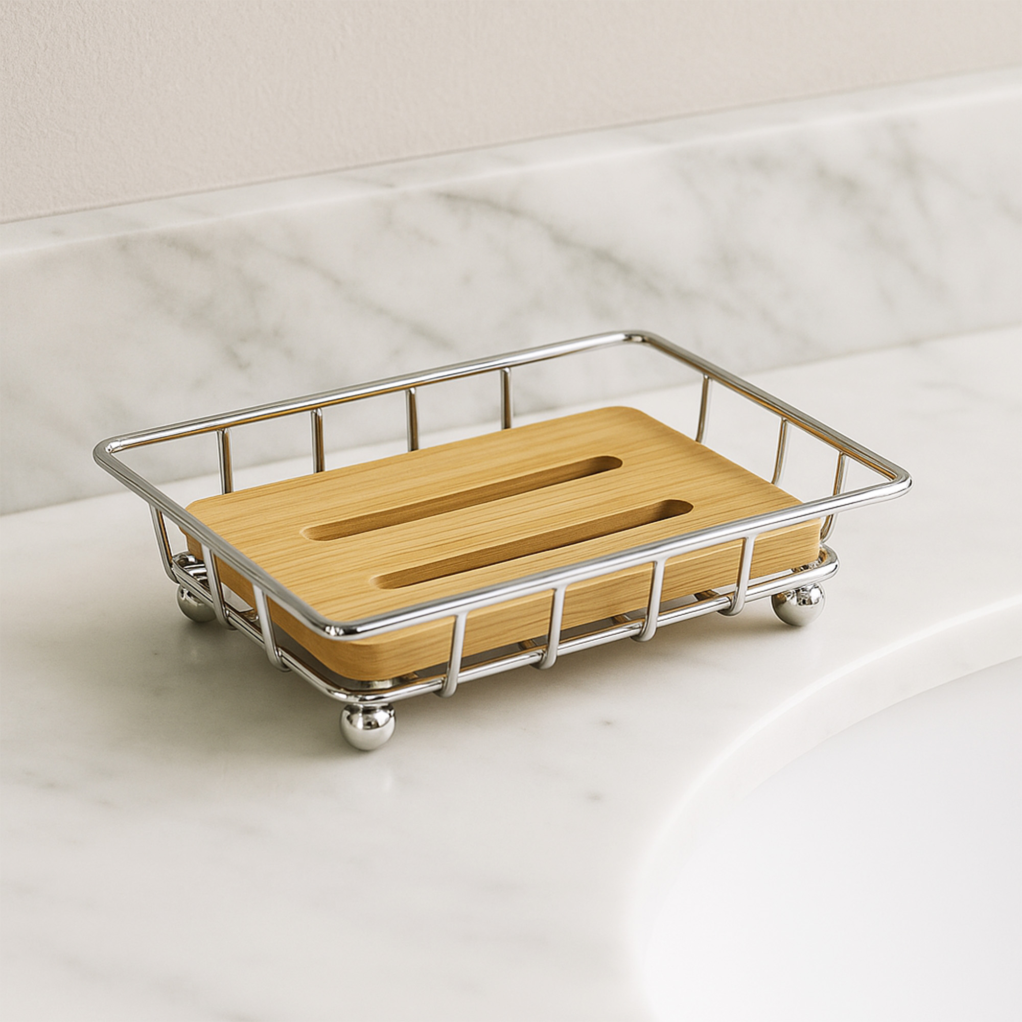 "Bamboo and chrome wire soap dish with drainage slots on marble counter"