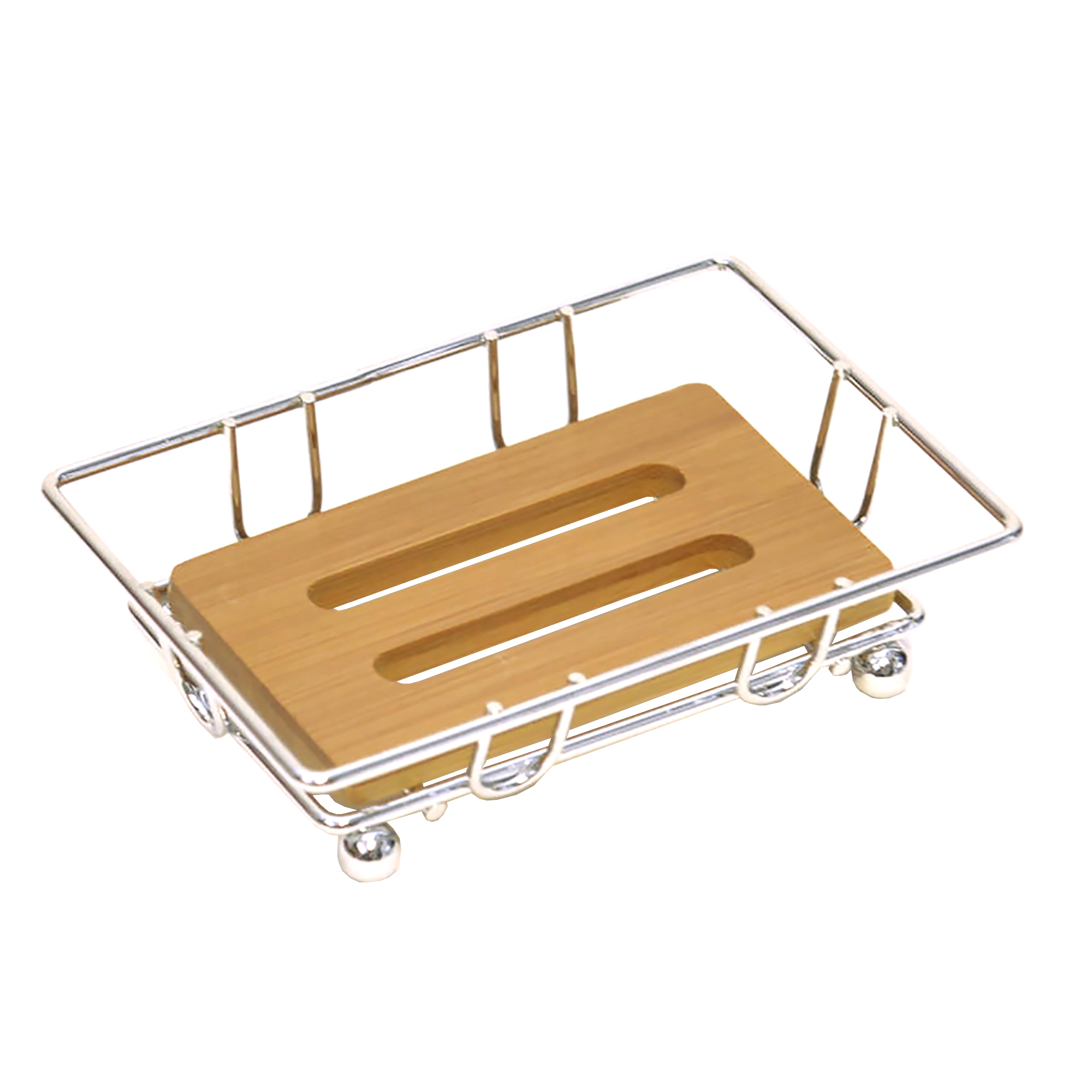 "Chrome wire basket soap holder with bamboo base and ball feet"