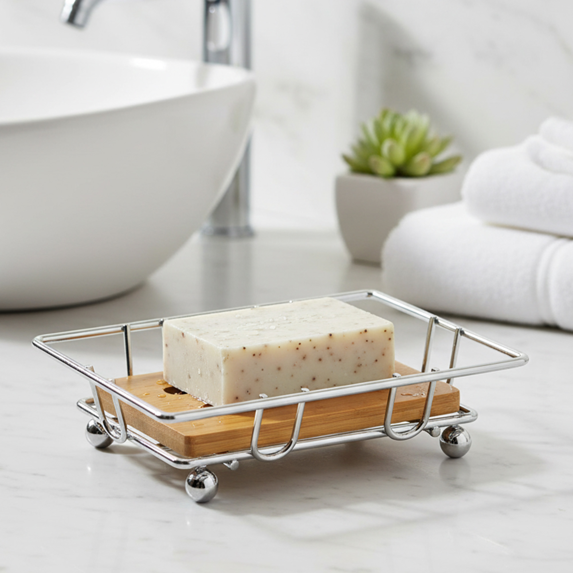 "Soap dish with bar soap in chrome basket on bathroom counter"