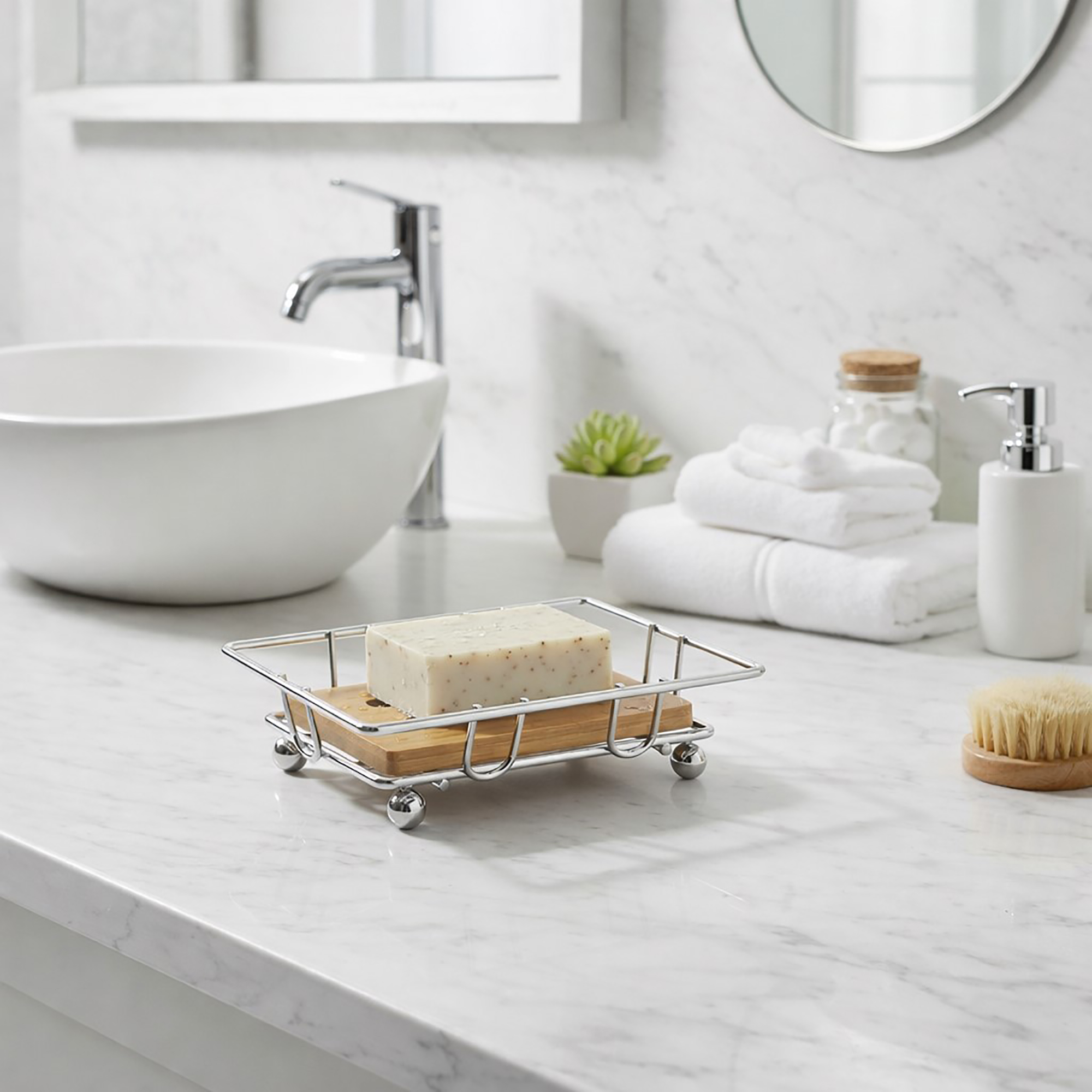 "Bamboo soap dish on marble vanity near sink in white bathroom"