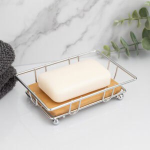 Bathroom Soap Dish Bamboo Tray Chrome Metal Wire