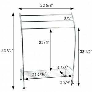 "Dimensions diagram: chrome curved towel rack, 33½ in tall, 22⅝ in wide, with shelf details"
