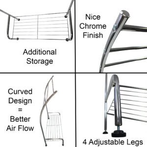 "Detail infographic showing chrome towel rack's bottom storage shelf, chrome finish, curved design, and 4 adjustable legs"