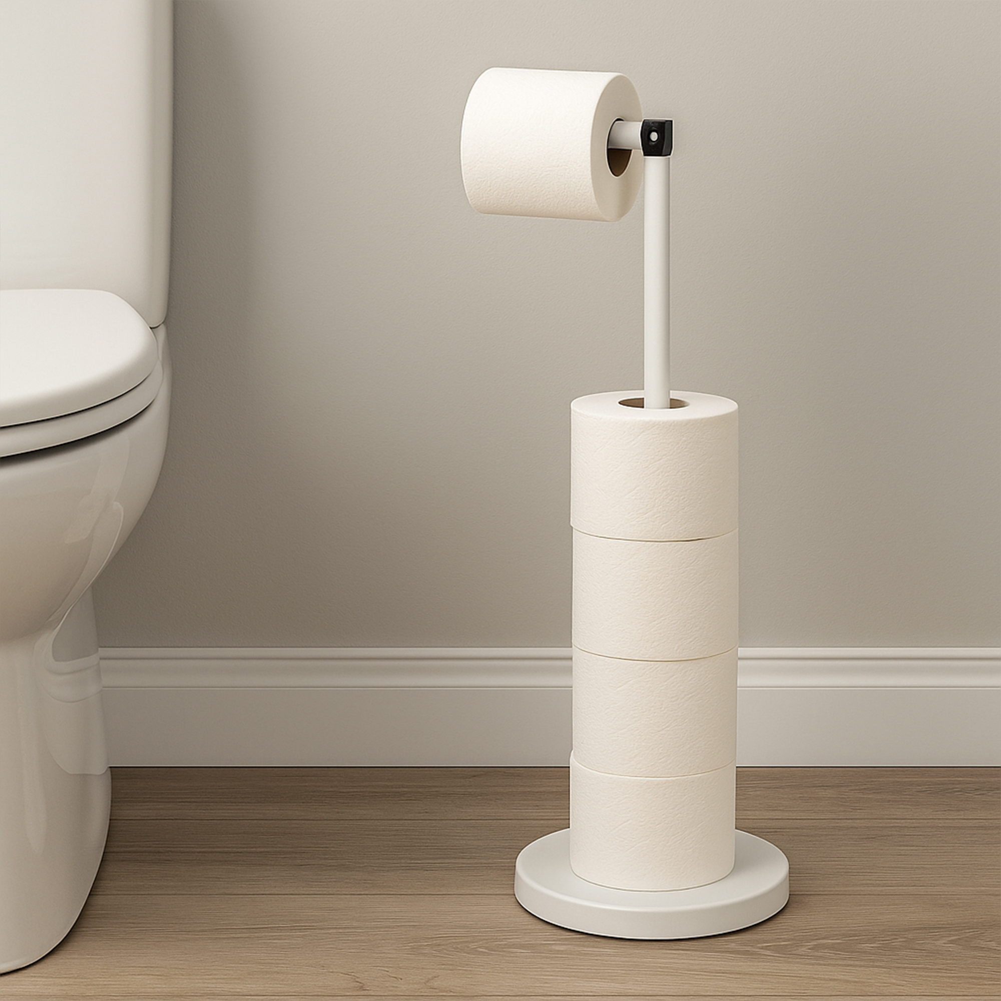 "White freestanding toilet paper holder with folding arm holding 4 reserve rolls, next to toilet in beige bathroom"