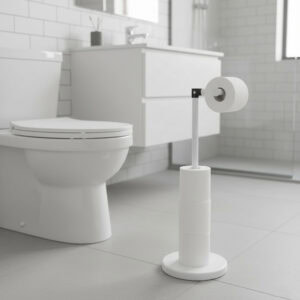 "White freestanding toilet paper holder with folding arm and reserve rolls in modern white bathroom"