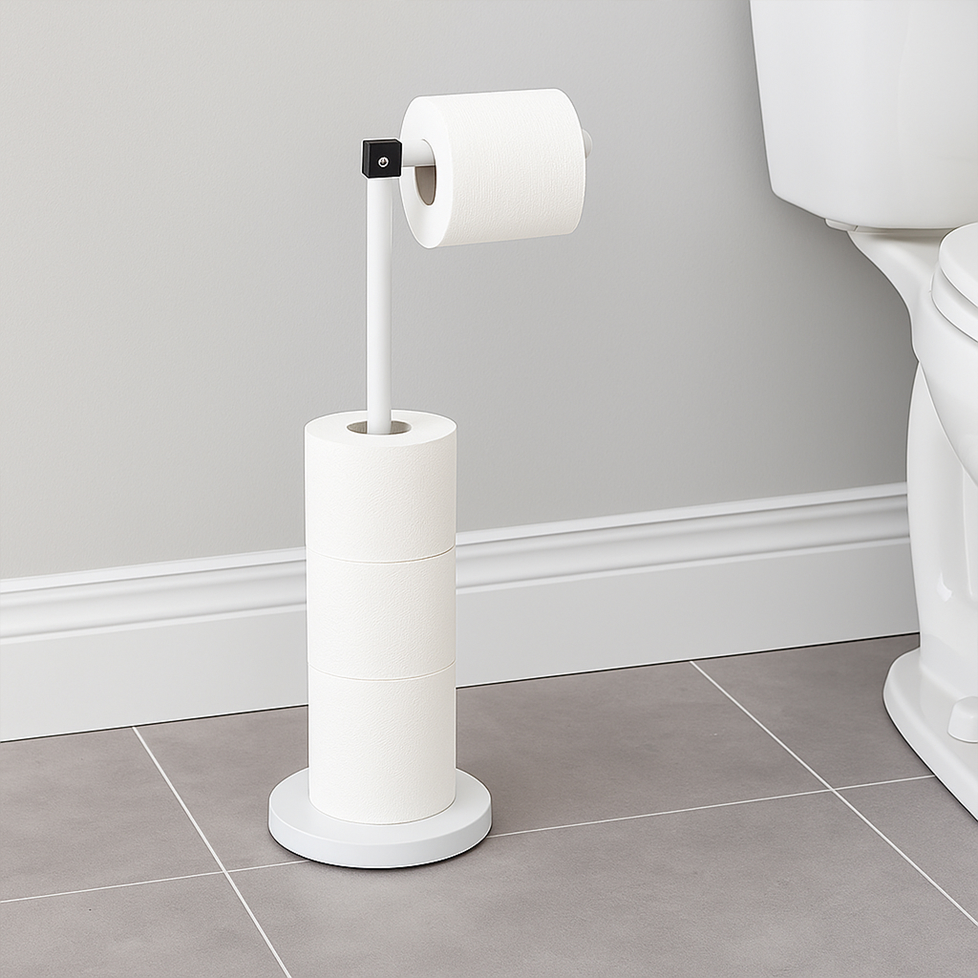 "White freestanding toilet paper holder with 3 reserve rolls next to toilet in gray bathroom"