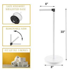 "Features and dimensions infographic: white toilet paper stand, 22 in tall, 8 in base, removable arm, holds 5 rolls"