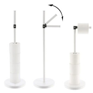 "Three-step diagram showing folding arm operation on white toilet paper holder with reserve rolls"