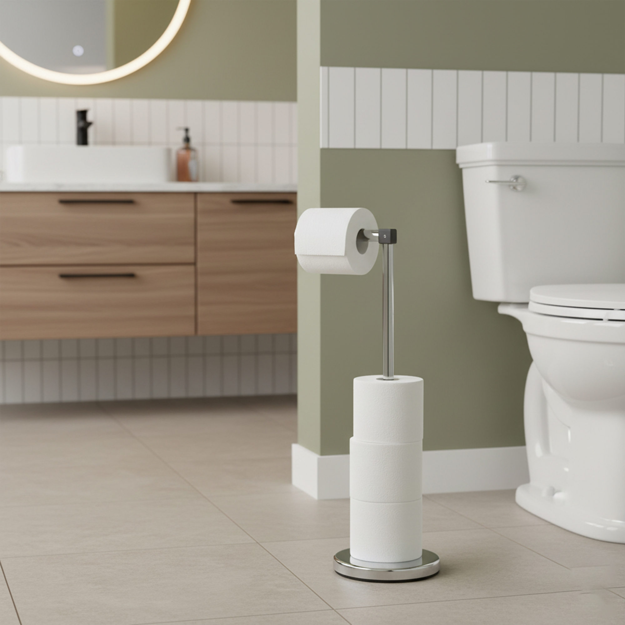 "Chrome freestanding toilet paper holder with reserve rolls next to toilet in green and white bathroom"