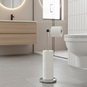 "Chrome freestanding toilet paper holder with reserve rolls next to toilet in modern beige bathroom"