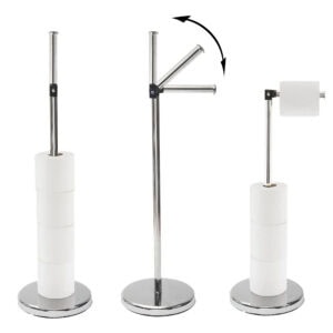 "Three-step diagram showing folding arm operation on chrome toilet paper holder with reserve rolls"