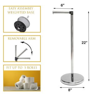 "Features and dimensions infographic: chrome toilet paper stand, 22 in tall, 8 in base, removable arm, holds 5 rolls"
