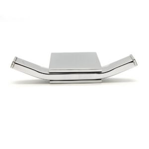 "Chrome double robe hook with two outward-angled prongs, front view on white background"