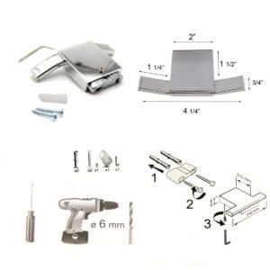 "Wall hook installation hardware, dimensions diagram, and 3-step mounting instructions"