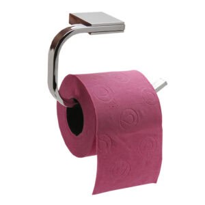 "Chrome wall-mounted toilet paper holder with pink roll on white background"