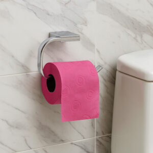 "Chrome toilet paper holder with pink roll mounted on marble tile wall next to toilet"