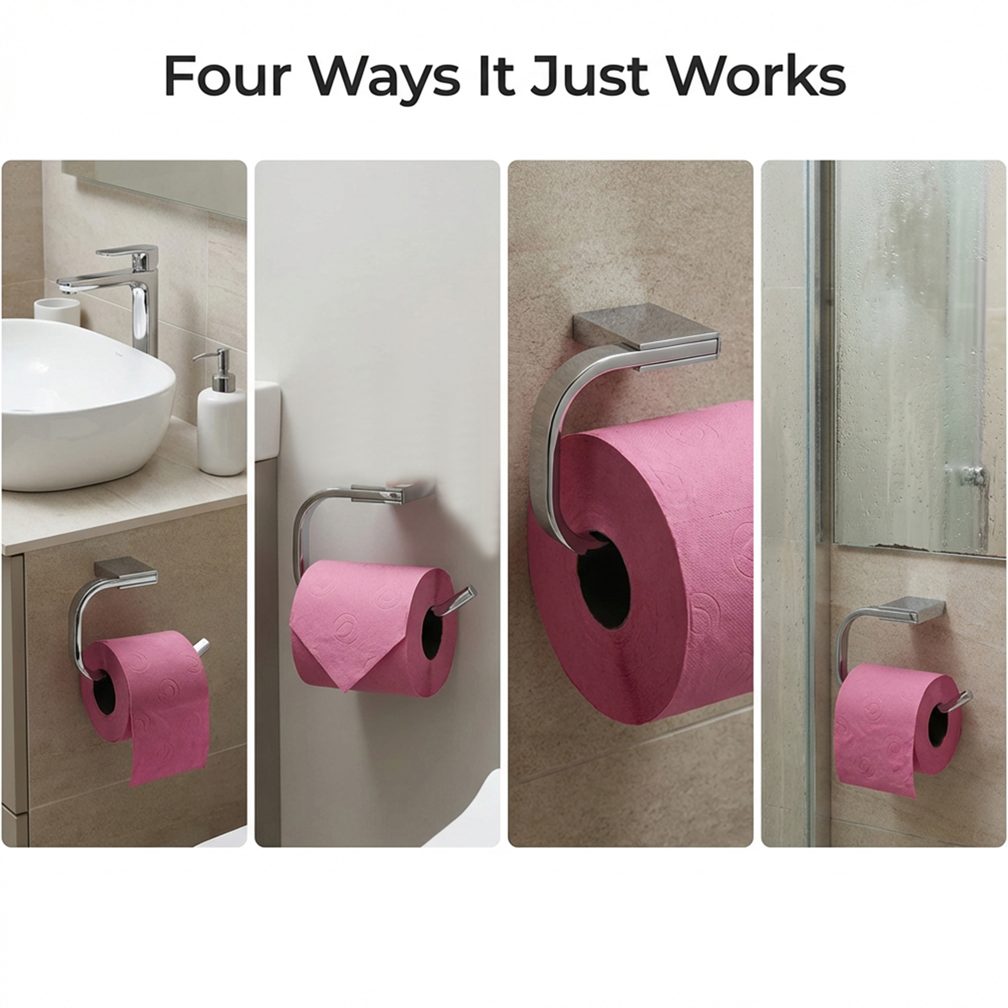 "Four-panel collage showing chrome toilet paper holder installed in different bathroom settings"