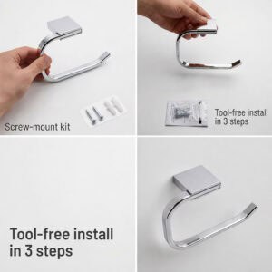 "Four-panel installation guide showing screw-mount kit, hardware, and 3-step tool-free install"