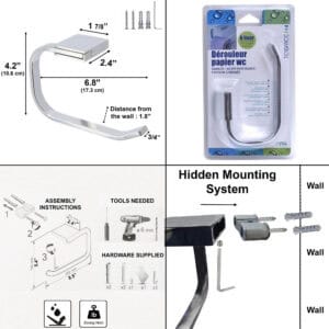 "Toilet paper holder dimensions diagram, product packaging, assembly instructions, and hidden mounting system detail"