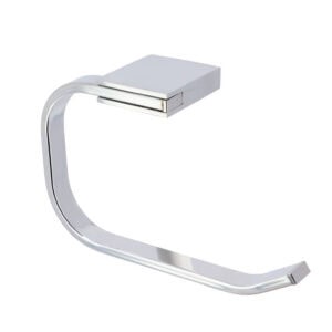 "Chrome open-arm toilet paper holder, side view on white background"