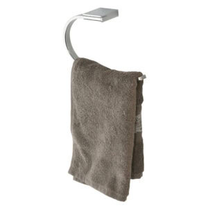 "Chrome open-ring towel holder with brown hand towel on white background"