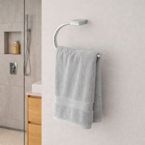 "Chrome towel ring holding gray bath towel on wall beside walk-in shower"