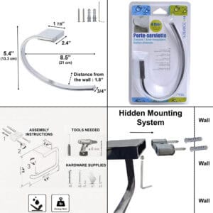 "Towel ring dimensions diagram, product packaging, assembly instructions, and hidden mounting system detail"