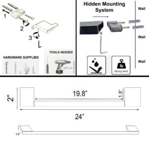 "Towel bar installation instructions, hidden mounting system diagram, and dimensions showing 24-inch total length"