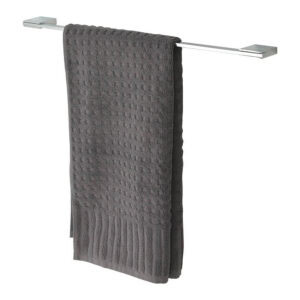 "Chrome towel bar with gray waffle-weave bath towel on white background"