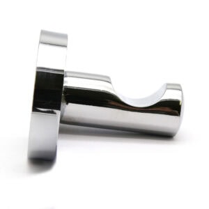 "Polished chrome single robe hook with round base, side view on white background"