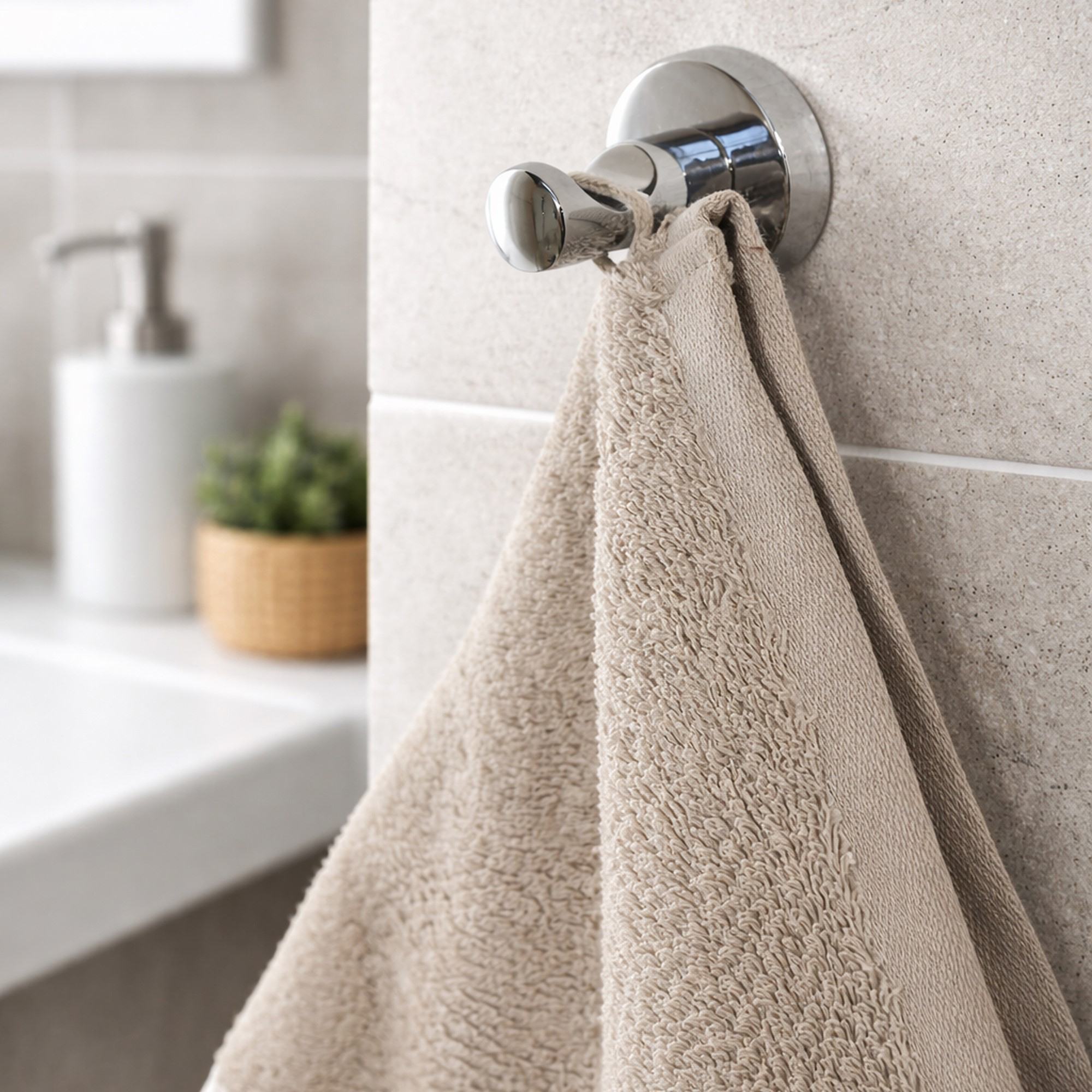 "Chrome robe hook with beige hand towel on stone tile wall in bathroom"