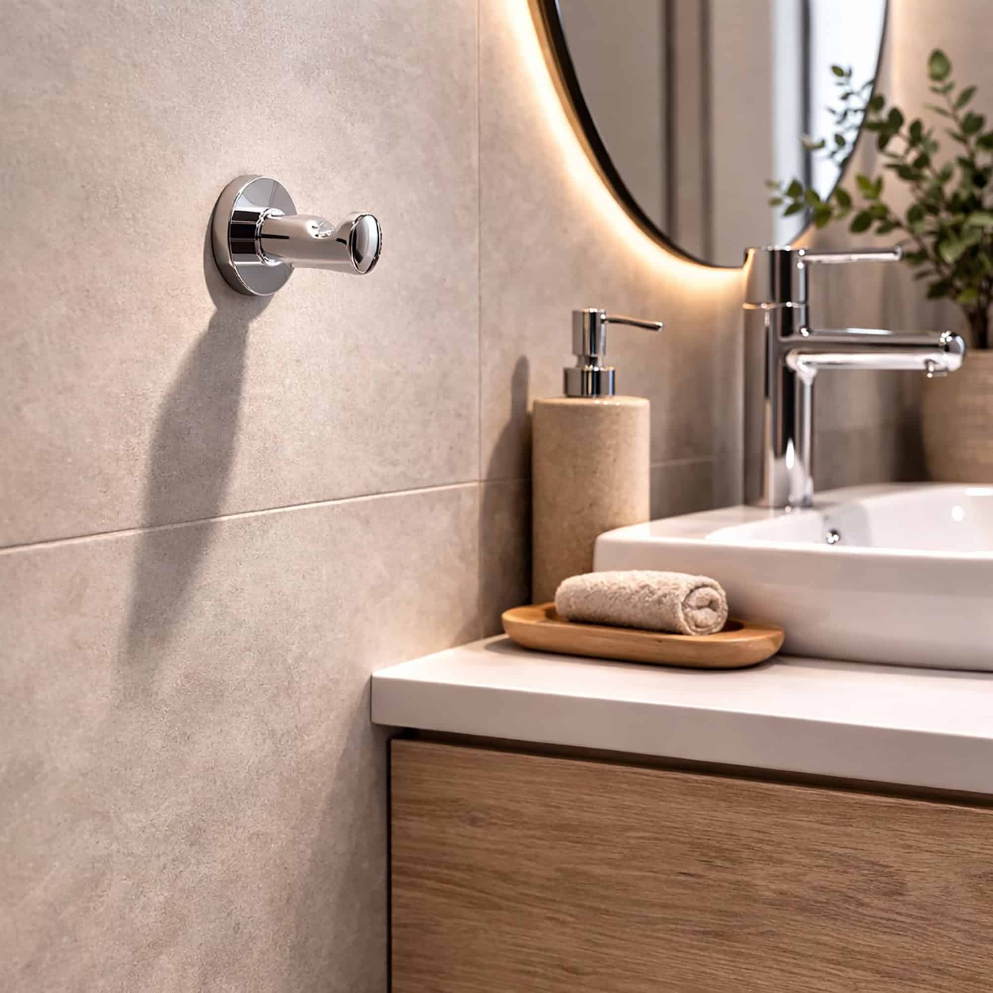 "Chrome single robe hook mounted on beige tile wall beside modern vanity with round lit mirror"