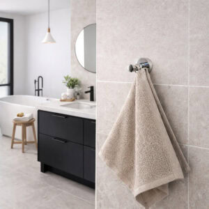 "Split image: modern black and white bathroom left, chrome robe hook with beige towel on tile right"