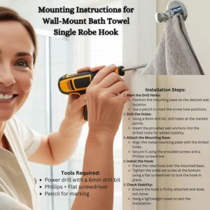 "Step-by-step wall mounting instructions infographic for single robe hook with tools list"