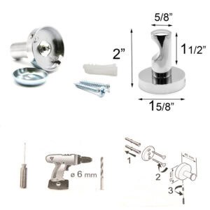 "Robe hook hardware kit, dimensions diagram (2" height, 1 5/8" width), and 3-step installation diagram"