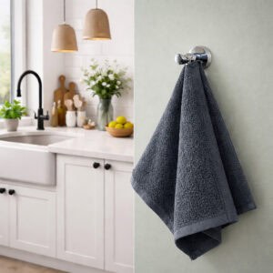 "Split image: bright white kitchen left, chrome robe hook with dark gray towel on green wall right"
