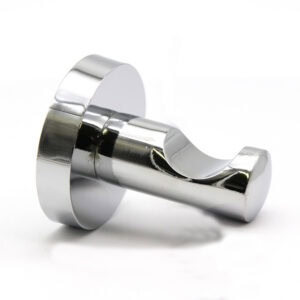 "Polished chrome single robe hook with round base, angled front view on white background"