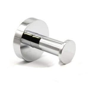 "Polished chrome cylindrical robe hook with round base, front view on white background"