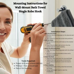 "Illustrated mounting instructions for single robe hook with 5-step installation guide and tools list"