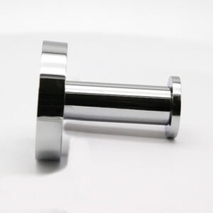 "Polished chrome cylindrical robe hook with round base and flat end cap, top view on white background"