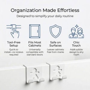 "Infographic highlighting four product features: tool-free setup, fits most cabinets, safe on surfaces, chic touch"