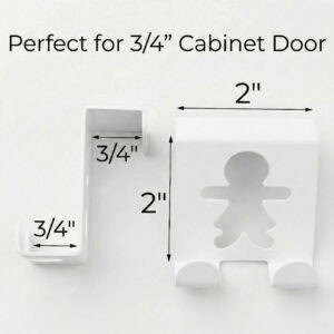"Dimensions diagram showing hook fits 3/4-inch cabinet door, with 2-inch height and width measurements"