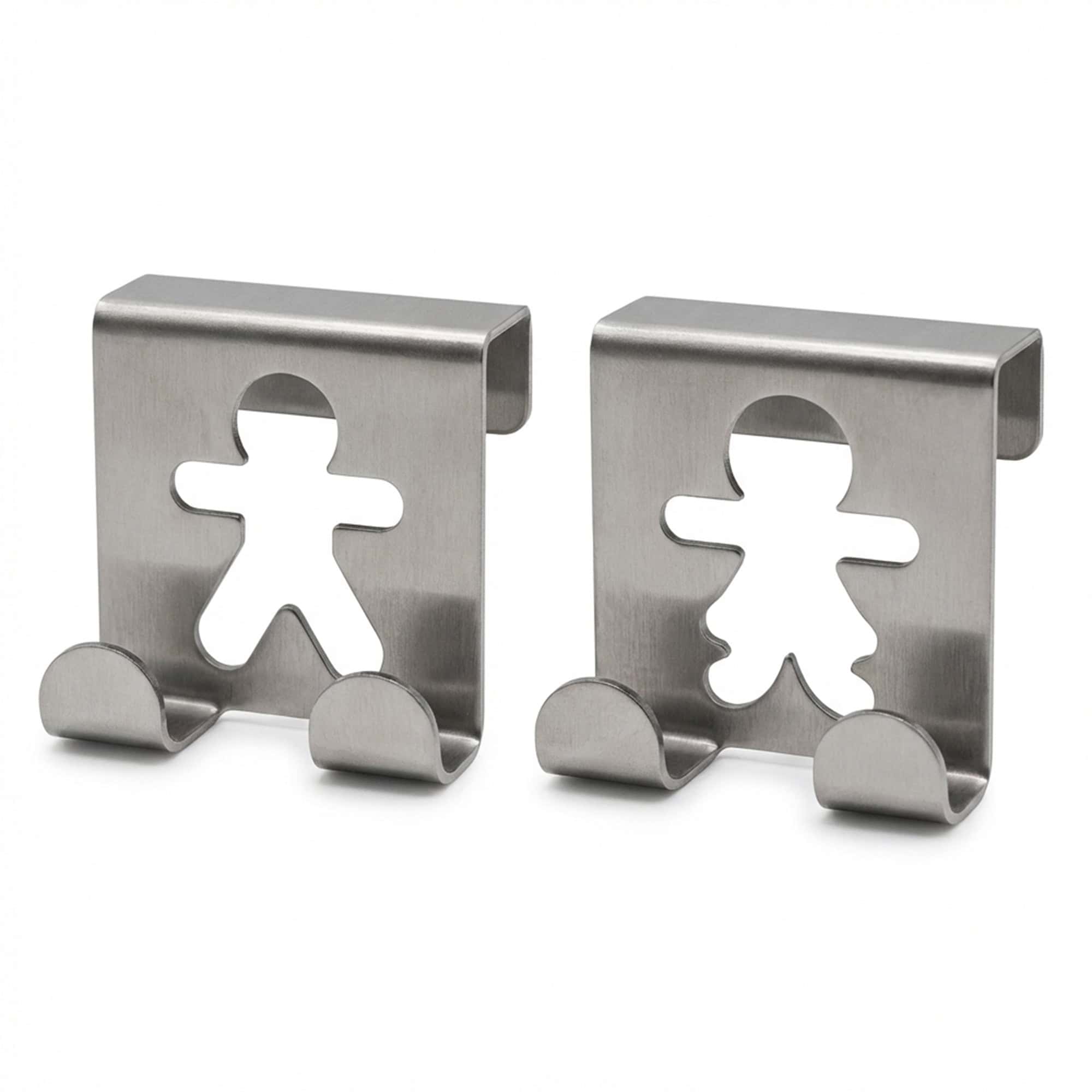 "Set of 2 brushed stainless steel over-cabinet hooks with man and woman silhouette cutouts on white background"