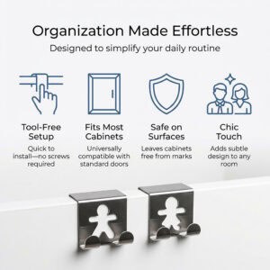 "Infographic highlighting four product features: tool-free setup, fits most cabinets, safe on surfaces, chic touch"